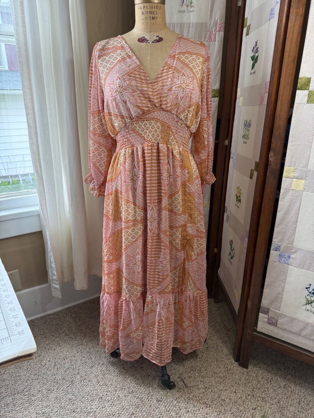 Black Tape Boho Maxi Dress XL Peach Pink Floral Smocked Waist Flowy Cottage
